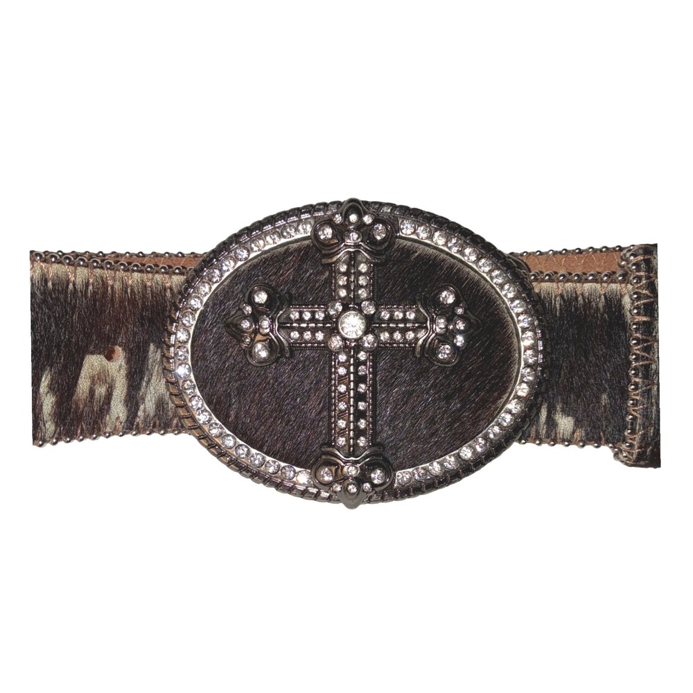 Women's M Brown Genuine Leather Belt Studded Rhinestone Cross Buckle Western